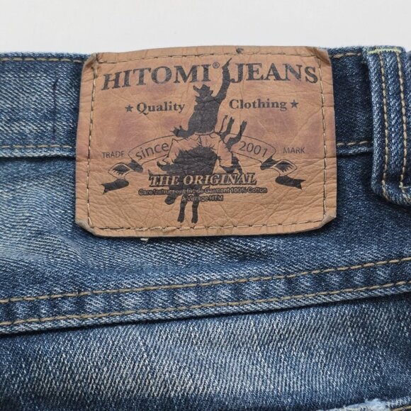 A Vintage HTM Hitomi Jean Mens 29x32 Blue Straigh Leg Japan Distressed Wiskering - Picture 15 of 16